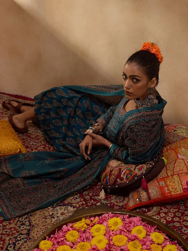 Women Teal Printed A-Line Kurta Trousers With Dupatta Set - Taantav Trousers Palazzo Wide Leg Women Teal Printed A-Line Kurta Trousers With Dupatta Set - Taantav Trousers Palazzo Wide Leg