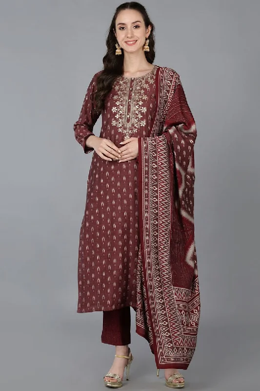 Ahika Maroon Silk Blend Geometric Straight Kurta Trousers With Dupatta Trousers sophisticated sleek Ahika Maroon Silk Blend Geometric Straight Kurta Trousers With Dupatta Trousers sophisticated sleek