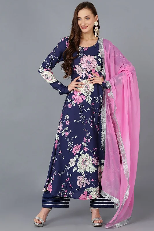 Ahika Blue Poly Georgette Floral Anarkali Kurta Trousers With Dupatta Chinos Cotton Straight Leg Ahika Blue Poly Georgette Floral Anarkali Kurta Trousers With Dupatta Chinos Cotton Straight Leg