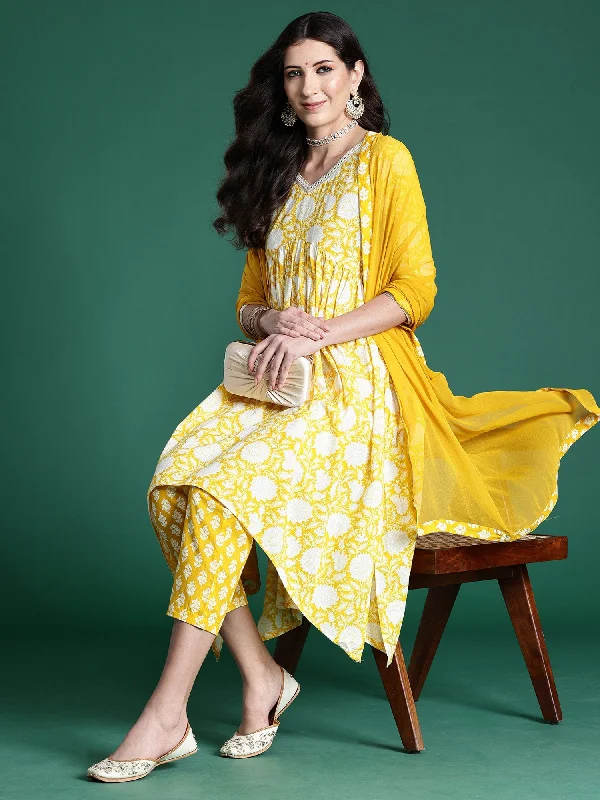 Women Yellow Printed A-Line Kurta Trousers With Dupatta Set - Taantav Trousers Pleated Formal Women Yellow Printed A-Line Kurta Trousers With Dupatta Set - Taantav Trousers Pleated Formal