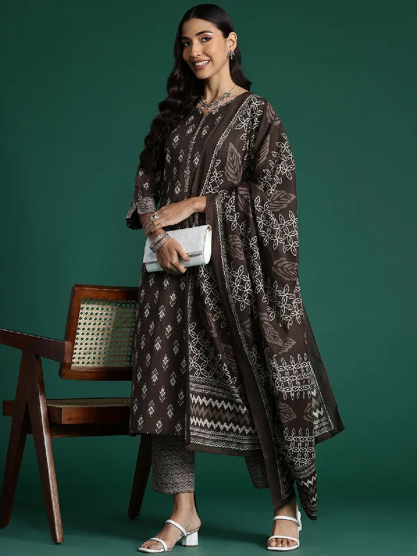 Women Brown Printed Straight Kurta Trousers With Dupatta Set - Taantav Trousers Timeless Classic Women Brown Printed Straight Kurta Trousers With Dupatta Set - Taantav Trousers Timeless Classic