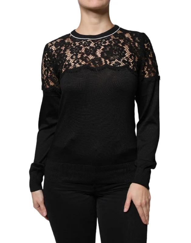 Dolce & Gabbana Black Floral Lace Silk Pullover Blouse Top Angora Wool Cozy