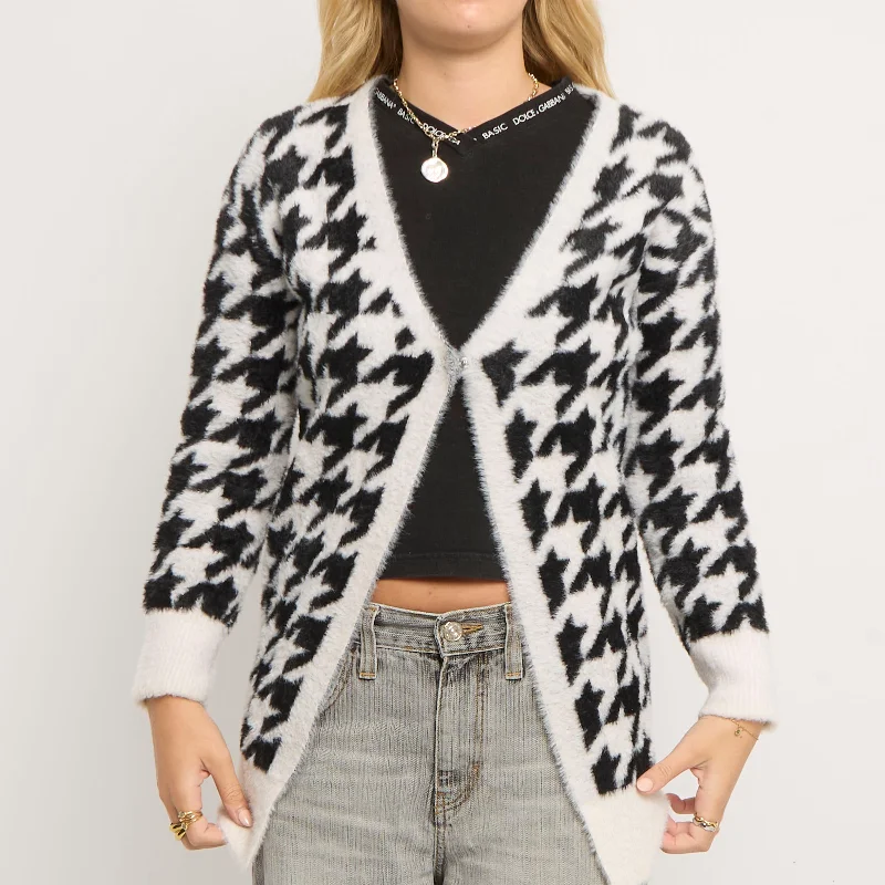 Guess Fluffy V-Neck Knitted Cardigan - UK 10 Real Fur Shearling Chenille