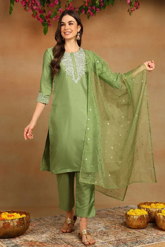 Ahika Green Poly Silk Solid Yoke Design Kurta Trousers With Dupatta Trousers Denim Distressed Ahika Green Poly Silk Solid Yoke Design Kurta Trousers With Dupatta Trousers Denim Distressed