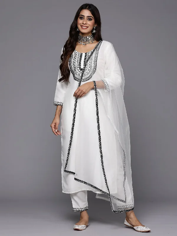 Women White Embroidered Straight Kurta Trousers With Dupatta Set - Taantav Trousers Leisure Comfortable Women White Embroidered Straight Kurta Trousers With Dupatta Set - Taantav Trousers Leisure Comfortable