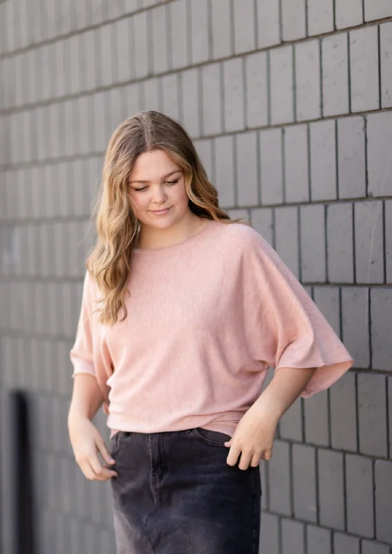 Blush Boat Neck Kimono Sleeve Pullover Polo Neck Sweater