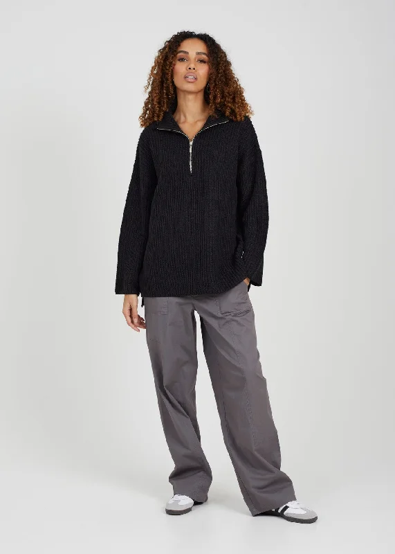 BLACK TUNIC LENGTH FISHRMAN KNIT JUMPER WITH ZIP Mesh Sweater Canvas Denim