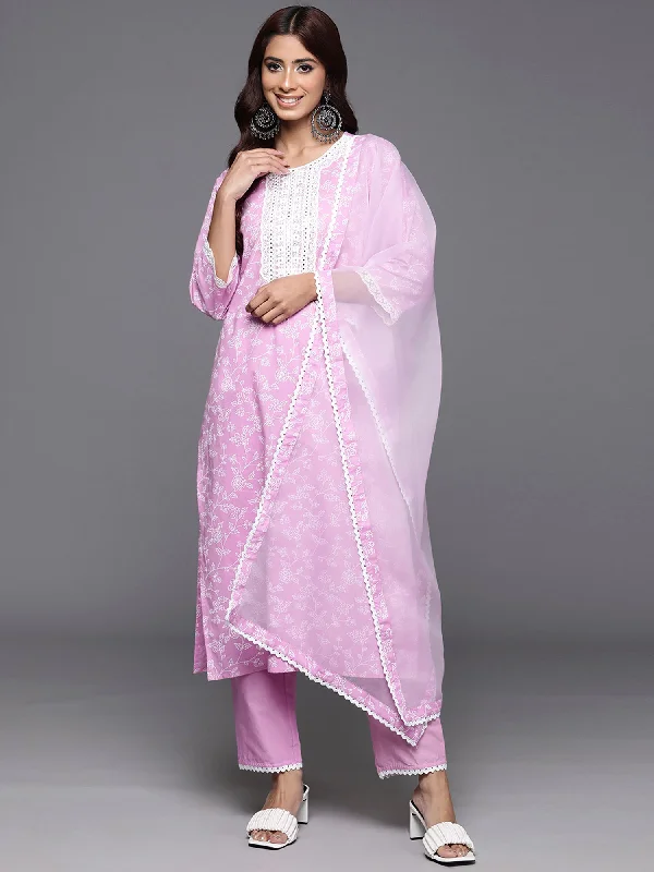 Women Lavender Printed Straight Kurta Trousers With Dupatta Set - Taantav Trousers trendy modern Women Lavender Printed Straight Kurta Trousers With Dupatta Set - Taantav Trousers trendy modern