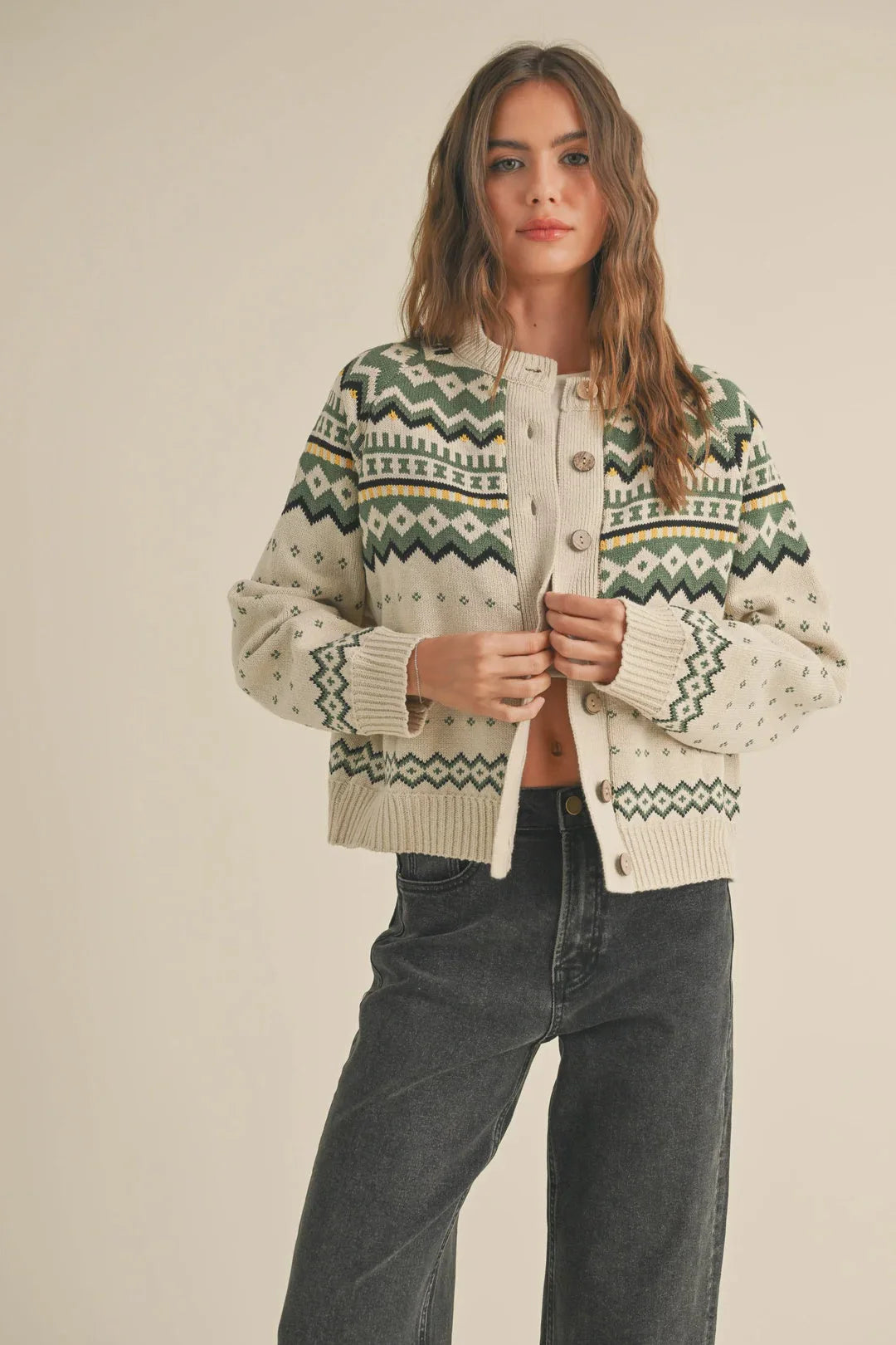 MULTI PATTERN BUTTON FRONT SWEATER CARDIGAN Spandex Blend Rayon Blend Denim Blend