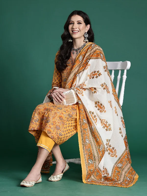 Women Yellow Printed A-Line Kurta Trousers With Dupatta Set - Taantav High Waist Slim Fit Ankle Length Women Yellow Printed A-Line Kurta Trousers With Dupatta Set - Taantav High Waist Slim Fit Ankle Length