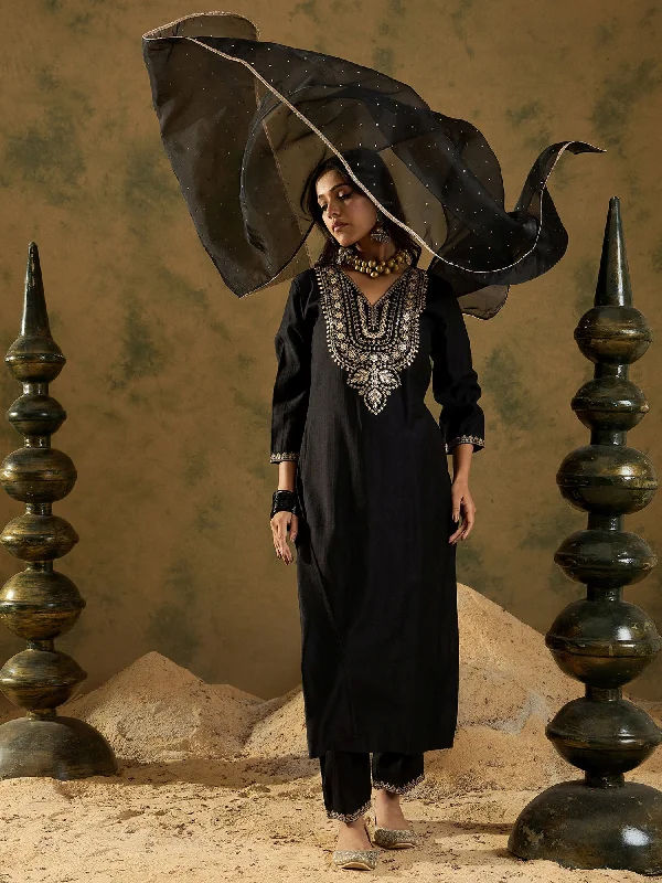 Women Black Embroidered Straight Kurta Trousers With Dupatta Set - Taantav Trousers Floral Bohemian Women Black Embroidered Straight Kurta Trousers With Dupatta Set - Taantav Trousers Floral Bohemian