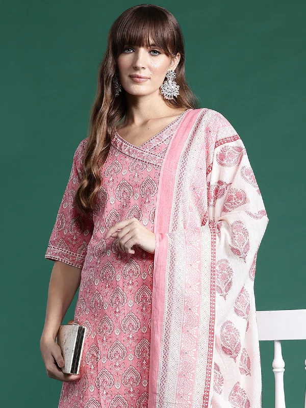 Women Pink Printed A-Line Kurta Trousers With Dupatta Set - Taantav Trousers Fall Fleece Women Pink Printed A-Line Kurta Trousers With Dupatta Set - Taantav Trousers Fall Fleece