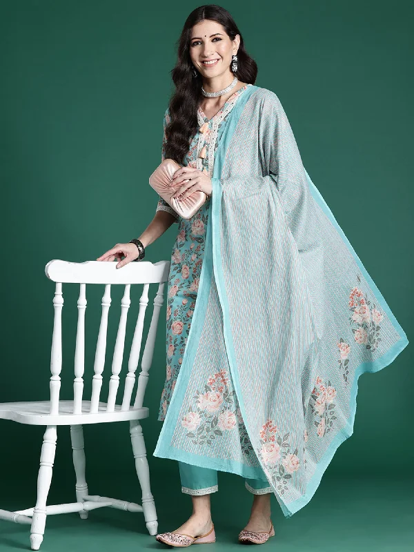 Women Blue Printed Straight Kurta Trousers With Dupatta Set - Taantav Trousers Cargo Utility Women Blue Printed Straight Kurta Trousers With Dupatta Set - Taantav Trousers Cargo Utility