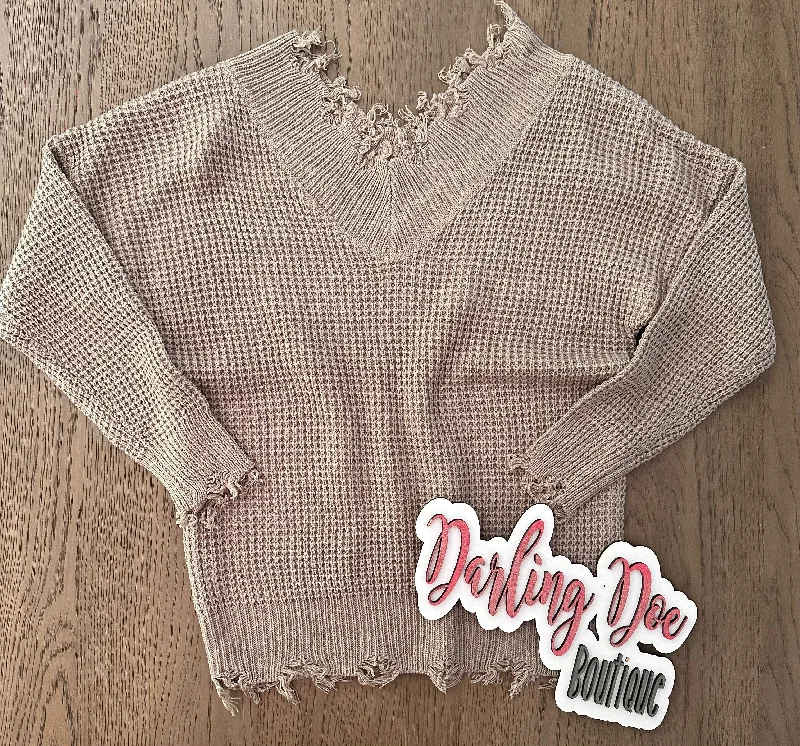 Mocha Distressed Sweater Lace Blend Ribbed Blend Corduroy Blend