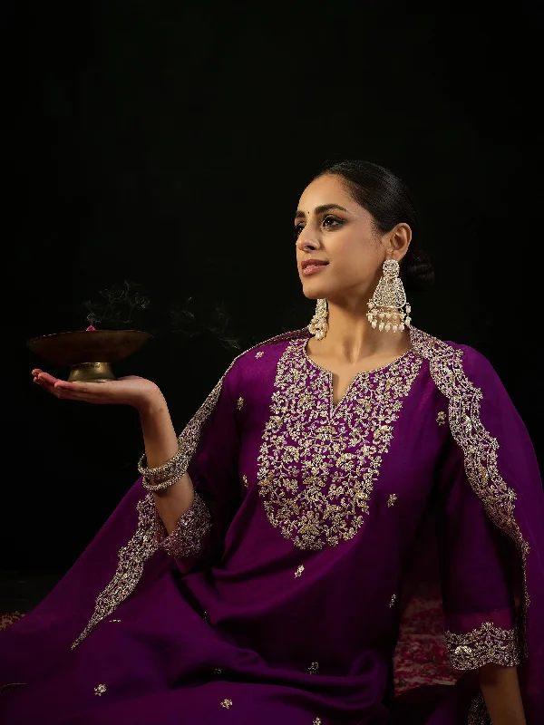 Women Purple Embroidered Straight Kurta Trousers With Dupatta Set - Taantav Trousers Flared Retro Women Purple Embroidered Straight Kurta Trousers With Dupatta Set - Taantav Trousers Flared Retro