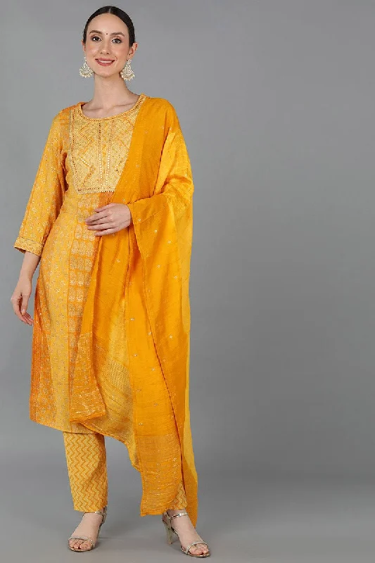 Ahika Mustard Silk Blend Ethnic Motifs Straight Kurta Trousers With Dupatta Trousers fashionable trendy Ahika Mustard Silk Blend Ethnic Motifs Straight Kurta Trousers With Dupatta Trousers fashionable trendy