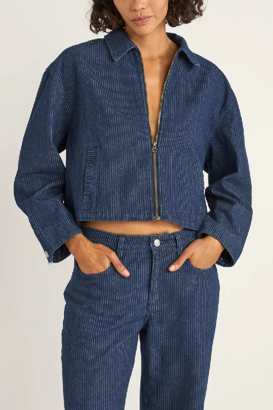Pinstripe Cropped Jacket Indigo Snapped Jacket Toggled Jacket Drawstring Jacket