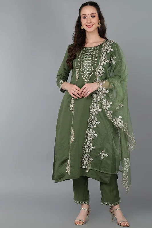 Ahika Green Silk Blend Ethnic Motifs Straight Kurta Trousers With Dupatta Trousers Leather Faux Ahika Green Silk Blend Ethnic Motifs Straight Kurta Trousers With Dupatta Trousers Leather Faux
