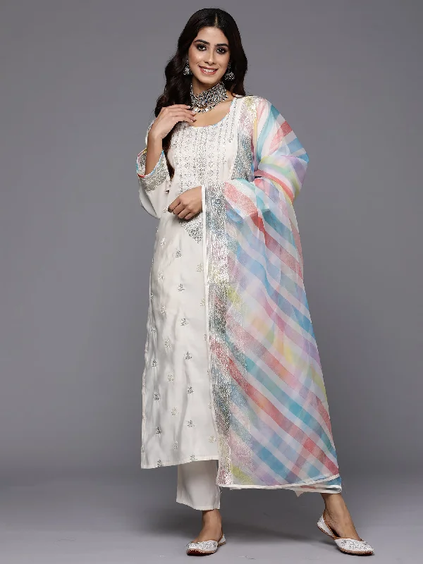 Women Cream Embroidered Straight Kurta Trousers With Dupatta Set - Taantav Trousers Culottes Wide Leg Women Cream Embroidered Straight Kurta Trousers With Dupatta Set - Taantav Trousers Culottes Wide Leg