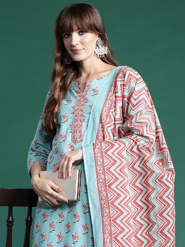 Women Blue Printed Straight Kurta Trousers With Dupatta Set - Taantav Trousers cozy soft Women Blue Printed Straight Kurta Trousers With Dupatta Set - Taantav Trousers cozy soft