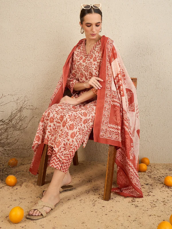 Women Rust Printed Straight Kurta Trousers With Dupatta Set - Taantav Trousers Polka Dot Cute Women Rust Printed Straight Kurta Trousers With Dupatta Set - Taantav Trousers Polka Dot Cute