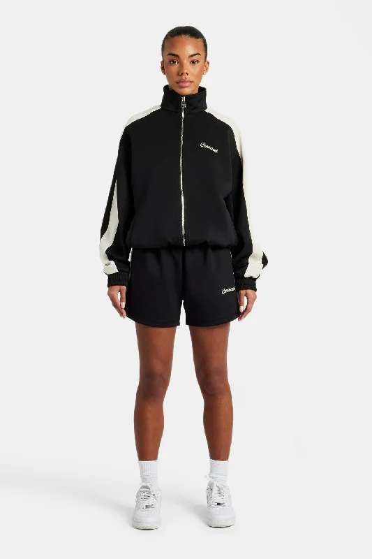 Womens Contrast Panel Track Jacket & Short Set - Black Faux Fur Jacket Real Fur Jacket Shearling Jacket Womens Contrast Panel Track Jacket & Short Set - Black Faux Fur Jacket Real Fur Jacket Shearling Jacket
