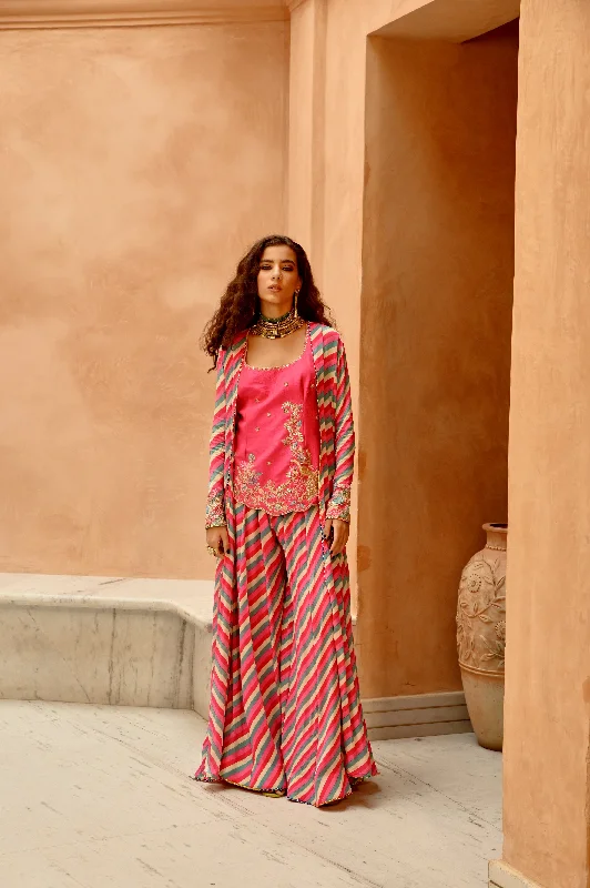 Hot pink Indie-leheriya magzi kali jacket and sharara with heritage kurti. Ribbed Jacket Pleated Jacket Ruffled Jacket Hot pink Indie-leheriya magzi kali jacket and sharara with heritage kurti. Ribbed Jacket Pleated Jacket Ruffled Jacket
