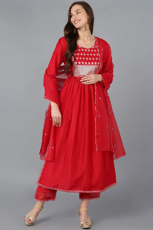 Ahika Red Silk Blend Solid Straight Kurta Trousers With Dupatta Trousers Low Rise Relaxed Ahika Red Silk Blend Solid Straight Kurta Trousers With Dupatta Trousers Low Rise Relaxed