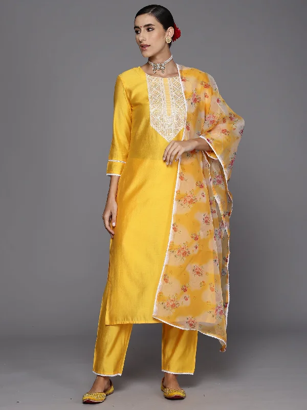 Women Yellow Embroidered Straight Kurta Trousers With Dupatta Set - Taantav Trousers Occasion Special Women Yellow Embroidered Straight Kurta Trousers With Dupatta Set - Taantav Trousers Occasion Special
