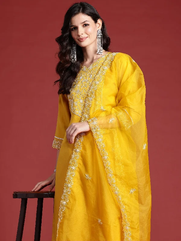Women Yellow Embroidered Straight Kurta Trousers With Dupatta Set - Taantav Trousers Harem Relaxed Fit Women Yellow Embroidered Straight Kurta Trousers With Dupatta Set - Taantav Trousers Harem Relaxed Fit