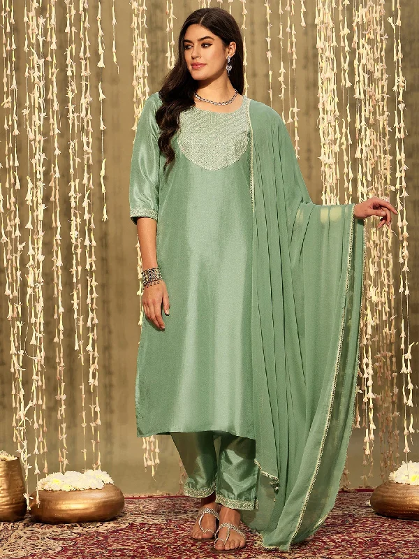 Women Green Embroidered Straight Kurta Trousers With Dupatta Set - Taantav Trousers Seasonal Trendy Women Green Embroidered Straight Kurta Trousers With Dupatta Set - Taantav Trousers Seasonal Trendy