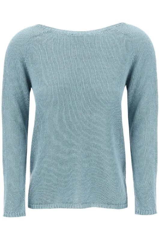 Lightweight Linen Knit Pullover By Giol  - Light Blue Flutter Sleeve Feminine