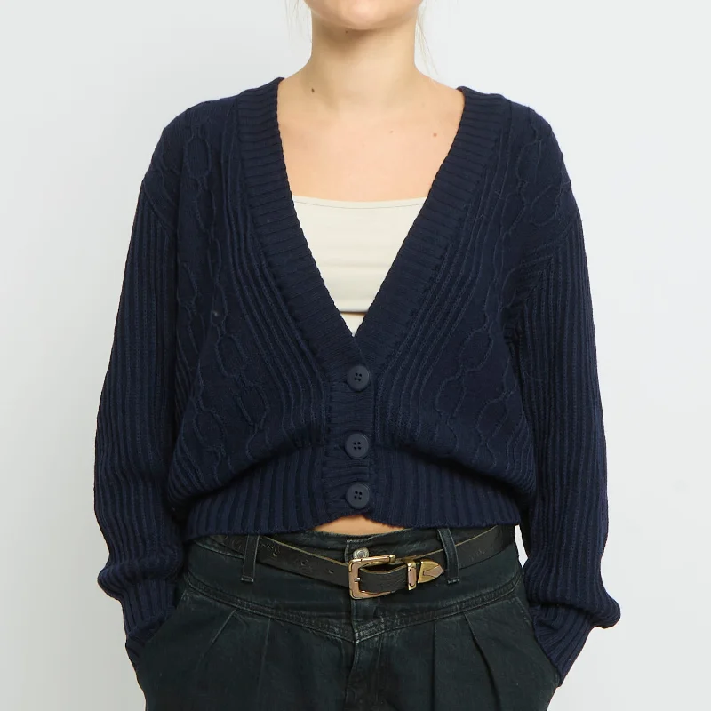 Heavy Knit V-Neck Cardigan Sweater - UK 14 Herringbone Houndstooth Plaid