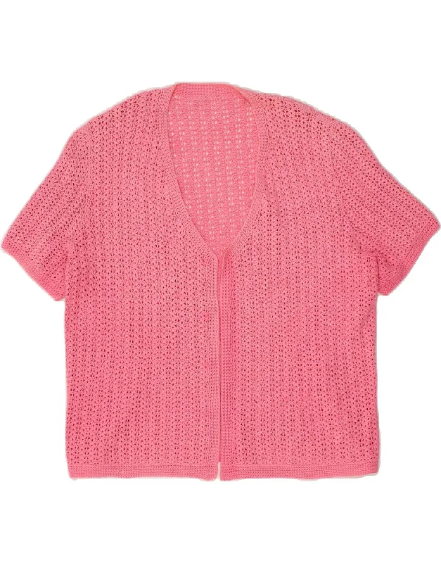 VINTAGE Womens Crochet Cardigan Top UK 16 Large Pink Hooded Caped Shawl Collar