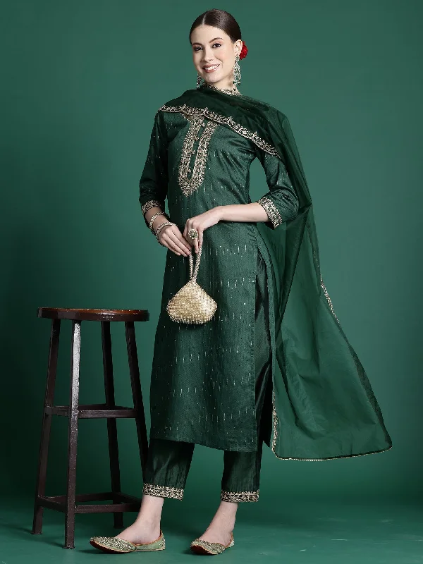Women Green Embroidered Straight Kurta Trousers With Dupatta Set - Taantav Trousers Custom Made Women Green Embroidered Straight Kurta Trousers With Dupatta Set - Taantav Trousers Custom Made