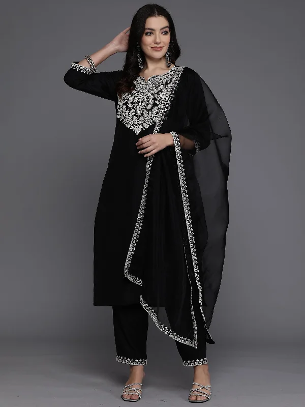 Women Black Embroidered Straight Kurta Trousers With Dupatta Set - Taantav Trousers Trousers Formal Women Black Embroidered Straight Kurta Trousers With Dupatta Set - Taantav Trousers Trousers Formal