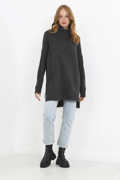 GREY ROLL NECK OVERSIZED LONG KNITTED JUMPER Herringbone Houndstooth Plaid