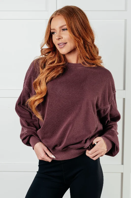 Hazel Blues® |  Beyond the Basics Pullover in Eggplant Elbow Length Sleeve