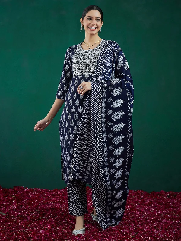 Women Blue Printed Straight Kurta Trousers With Dupatta Set - Taantav Trousers trendy modern Women Blue Printed Straight Kurta Trousers With Dupatta Set - Taantav Trousers trendy modern