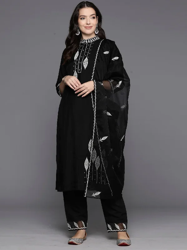 Women Black Embroidered Straight Kurta Trousers With Dupatta Set - Taantav Trousers Elastic Waist Soft Women Black Embroidered Straight Kurta Trousers With Dupatta Set - Taantav Trousers Elastic Waist Soft