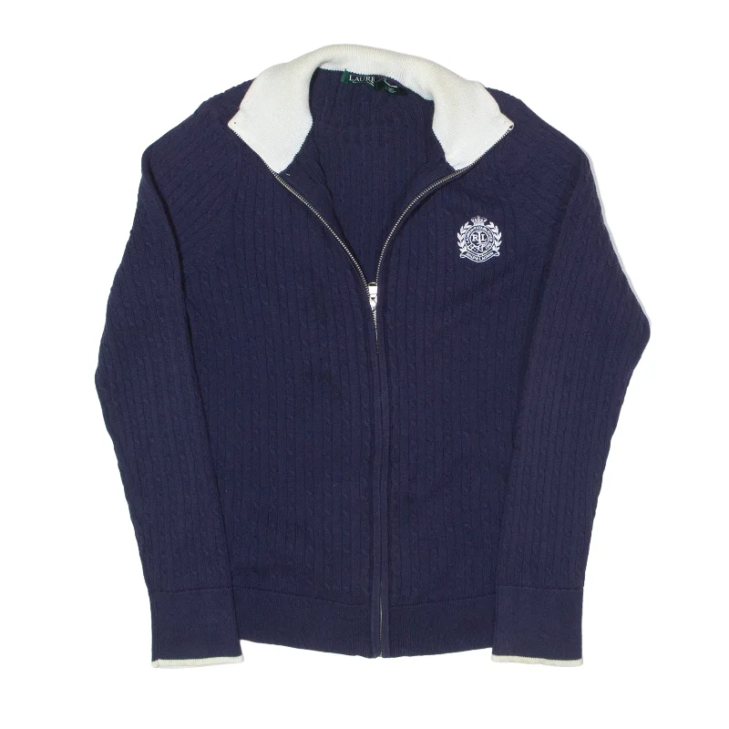 LAUREN RALPH LAUREN Cardigan Blue Cable Knit Womens L Satin Blend Silk Blend Wool Blend