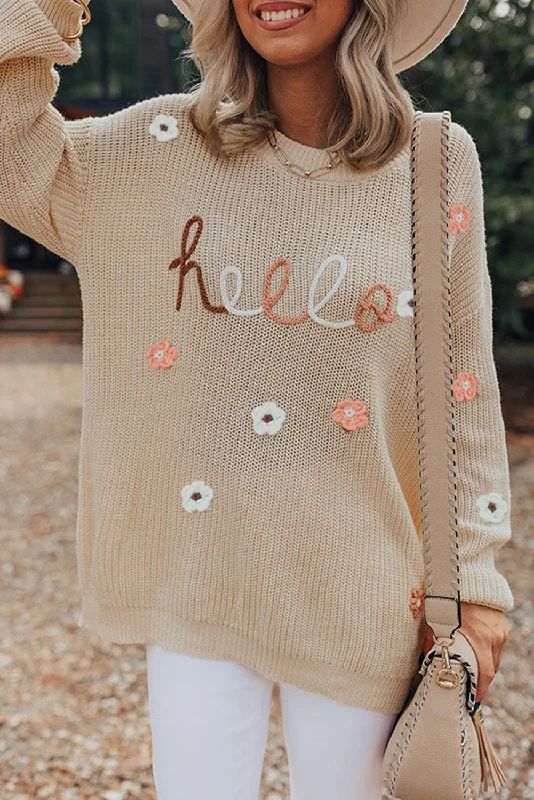 Parchment Hello Floral Embroidered Knit Loose Sweater Houndstooth Herringbone Solid