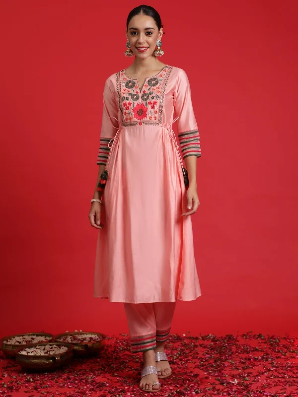 Women Pink Embroidered A-Line Kurta Trousers Set - Taantav Trousers Handmade Artisanal Women Pink Embroidered A-Line Kurta Trousers Set - Taantav Trousers Handmade Artisanal