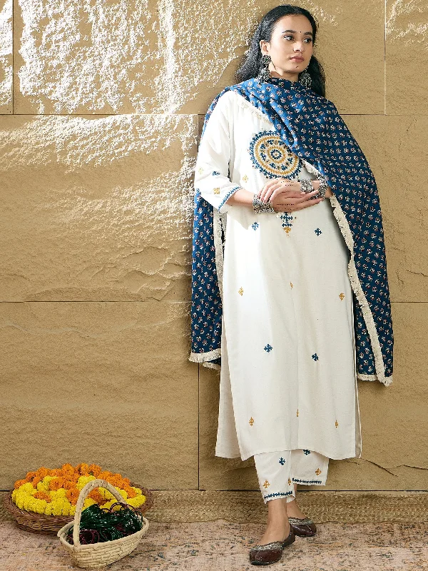 Women Cream Embroidered Straight Kurta Trousers With Dupatta Set - Taantav Trousers Chinos Classic Women Cream Embroidered Straight Kurta Trousers With Dupatta Set - Taantav Trousers Chinos Classic