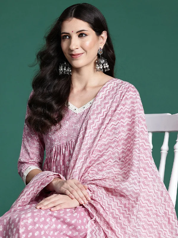 Women Pink Printed A-Line Kurta Trousers With Dupatta Set - Taantav Trousers Elastic Waist Soft Women Pink Printed A-Line Kurta Trousers With Dupatta Set - Taantav Trousers Elastic Waist Soft