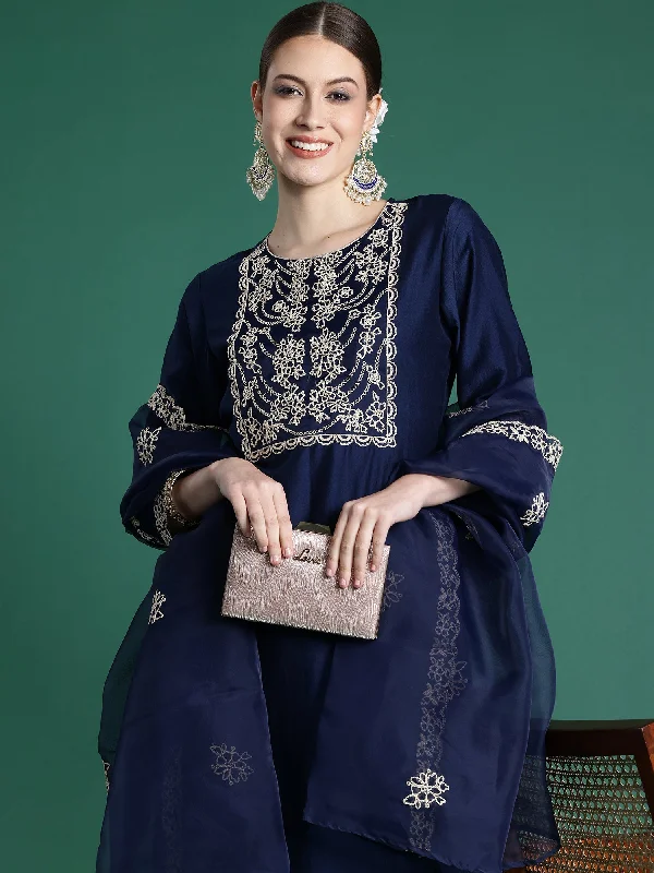 Women Blue Embroidered Straight Kurta Trousers With Dupatta Set - Taantav Trousers luxurious high-end Women Blue Embroidered Straight Kurta Trousers With Dupatta Set - Taantav Trousers luxurious high-end