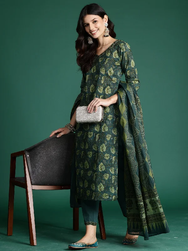 Women Green Printed Straight Kurta Trousers With Dupatta Set - Taantav Trousers Tapered Slim Fit Women Green Printed Straight Kurta Trousers With Dupatta Set - Taantav Trousers Tapered Slim Fit