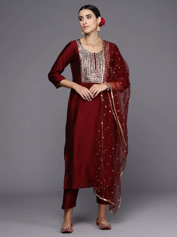 Women Maroon Embroidered Straight Kurta Trousers With Dupatta Set - Taantav Trousers Evening Elegant Women Maroon Embroidered Straight Kurta Trousers With Dupatta Set - Taantav Trousers Evening Elegant