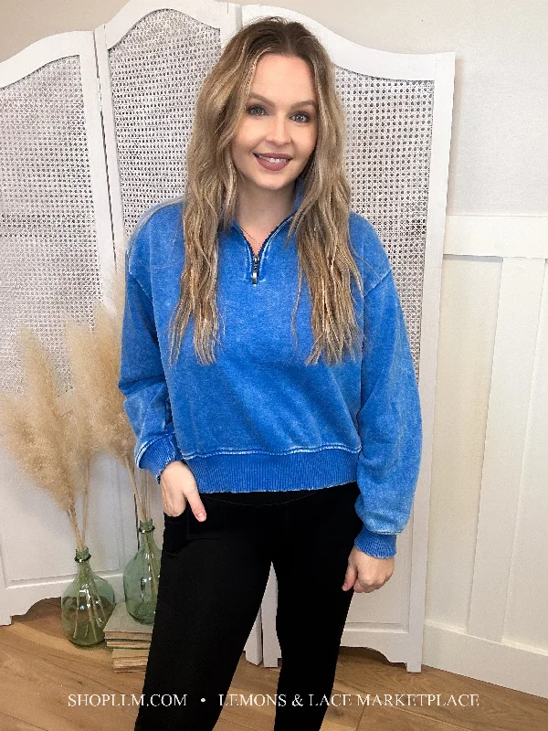 Ocean Blue Acid Wash Fleece Pullover Set Sleeve Pullover