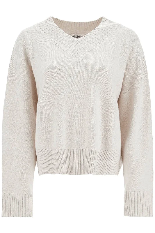 Cashmere Pullover With Shiny Cuff Details.  - Grey Square Neck Pullover